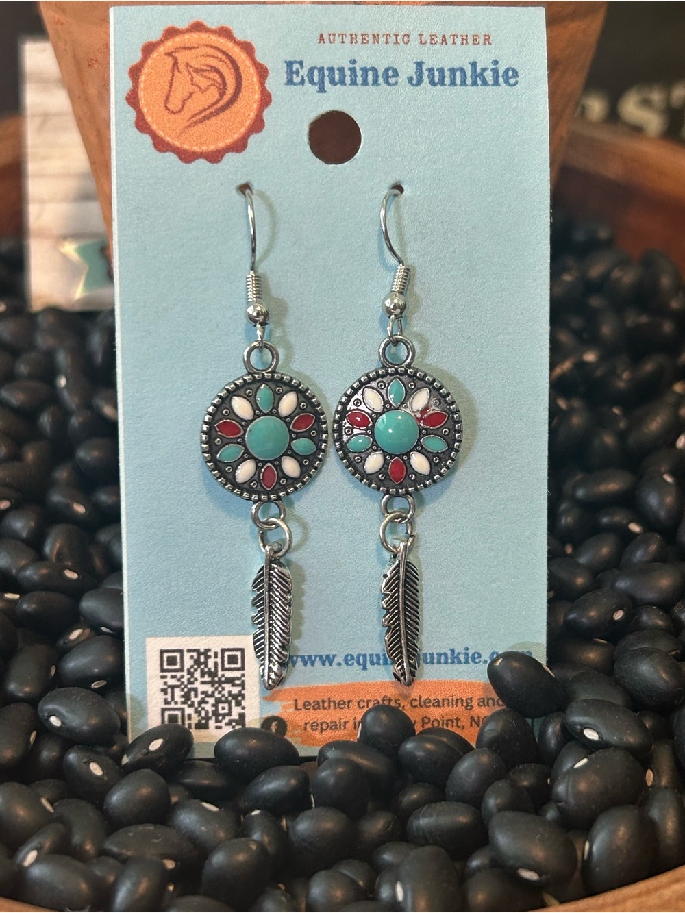 Turquoise & Red Feather Drop Earrings